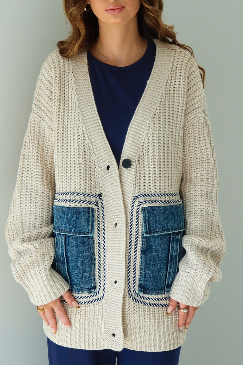 Denim Patch Oversized Cardigan: Ivory/Denim