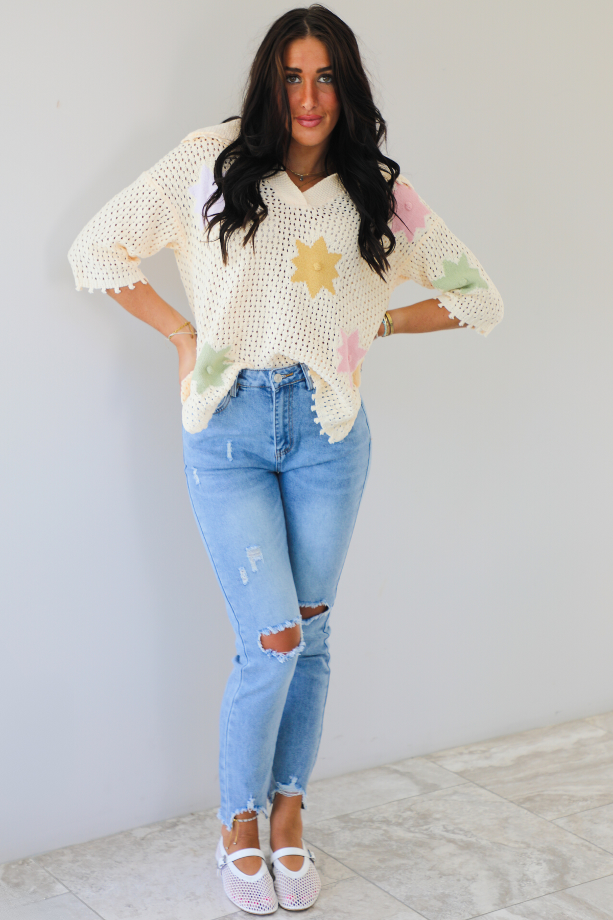 Taking Your Time Flower Knit Sweater: Cream/Multi