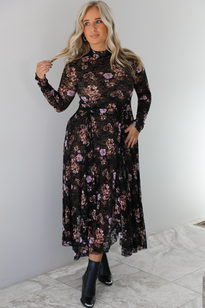 Simply Sweet Midi Dress: Black/Multi Floral