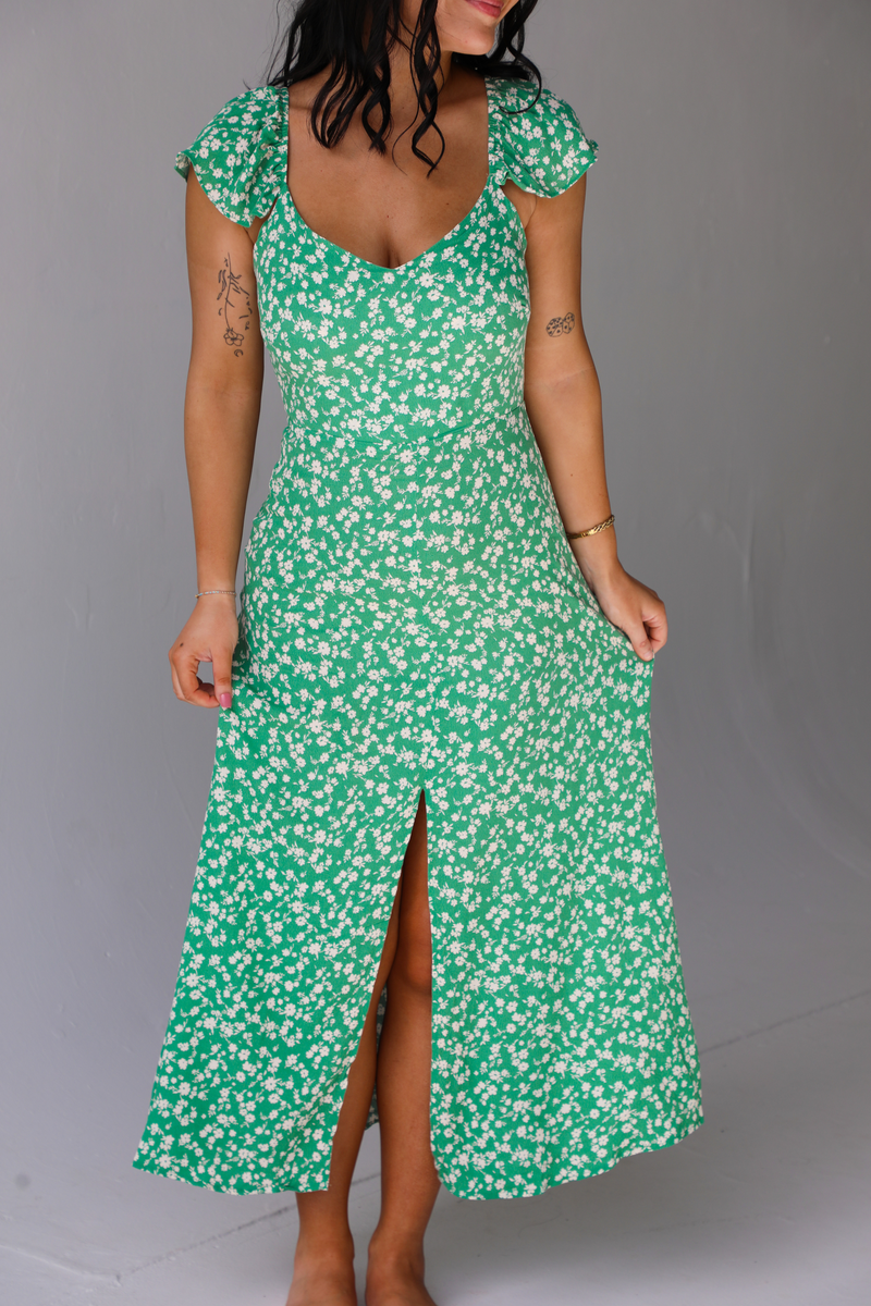 Let Love Blossom Midi Dress: Green/White