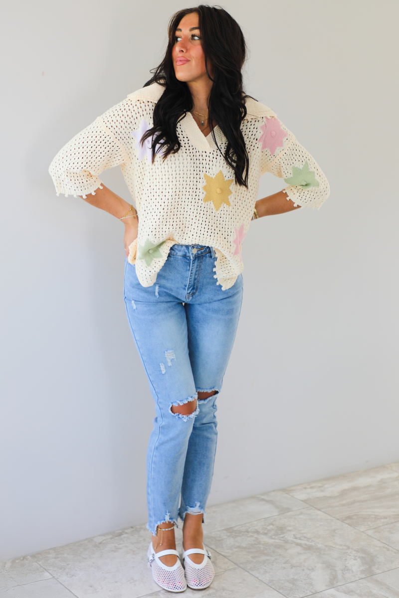 Taking Your Time Flower Knit Sweater: Cream/Multi