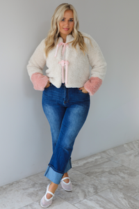 Take Your Time Sherpa Bow Jacket: Sand/Pink