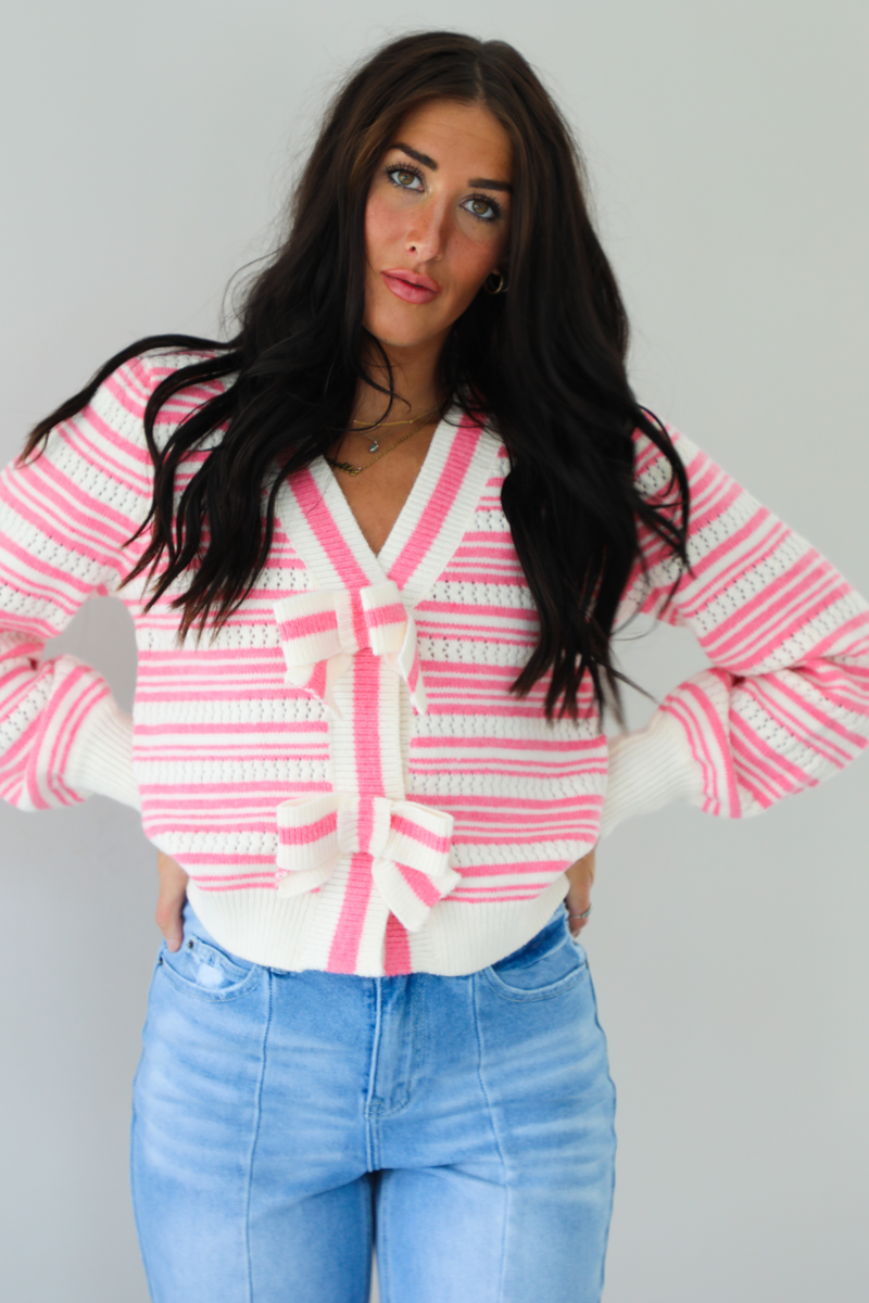 She's All That Stripe Knit Cardigan: Pink/Ivory