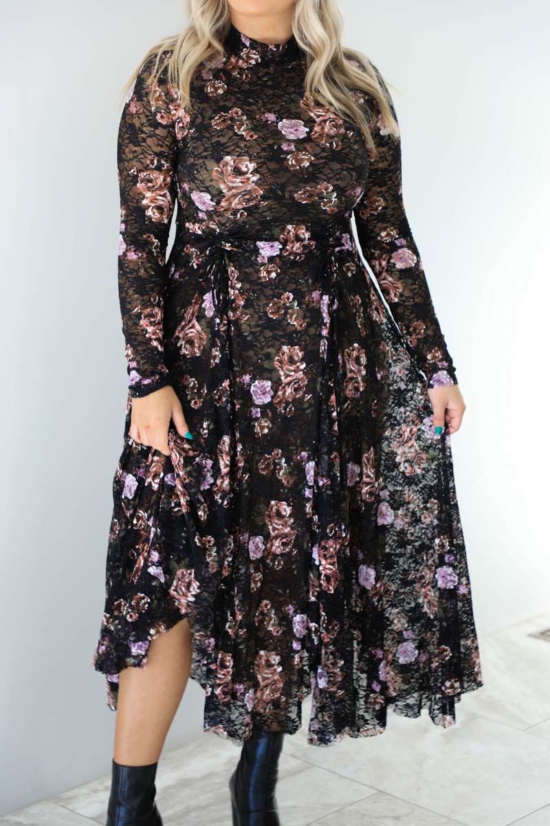 Simply Sweet Midi Dress: Black/Multi Floral