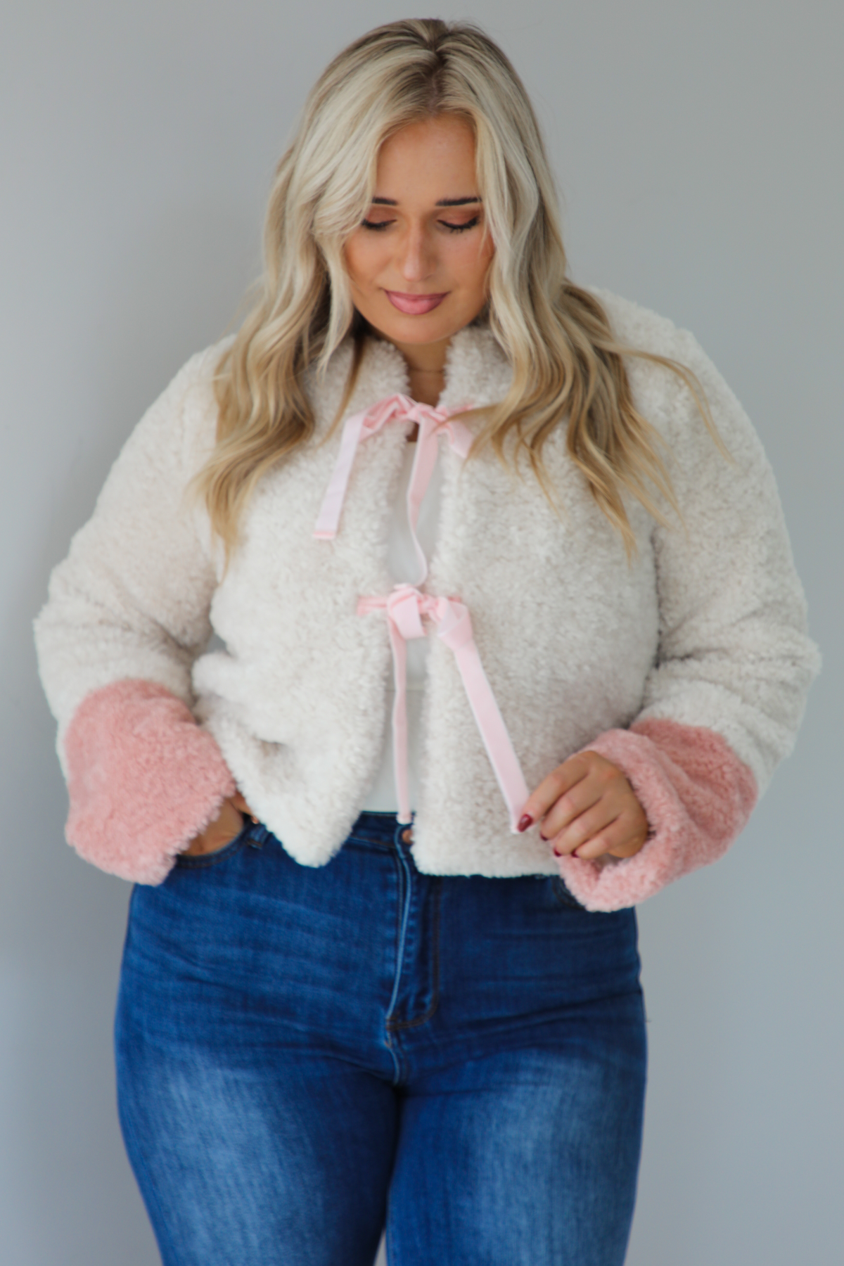 Take Your Time Sherpa Bow Jacket: Sand/Pink