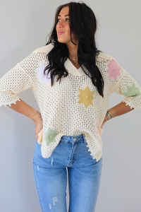 Taking Your Time Flower Knit Sweater: Cream/Multi