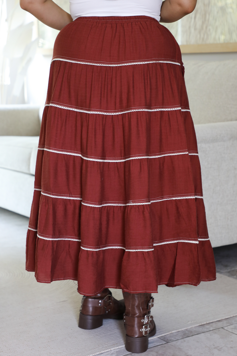 Daily Basis Maxi Skirt: Burgundy/White