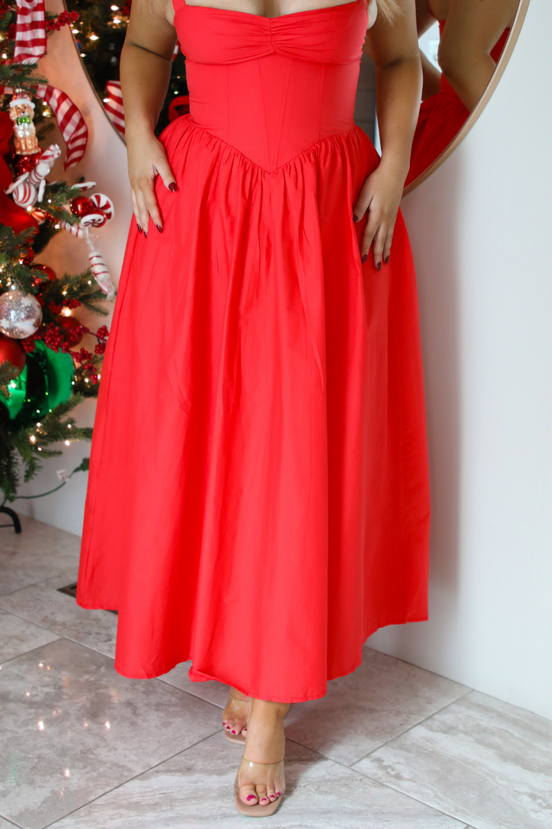 Deck The Halls Midi Dress: Red