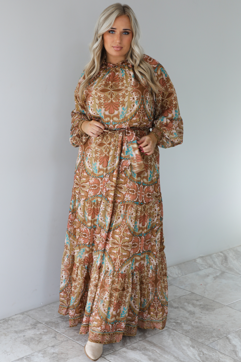 Charming Glance Maxi Dress: Caramel/Multi