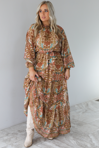 Charming Glance Maxi Dress: Caramel/Multi