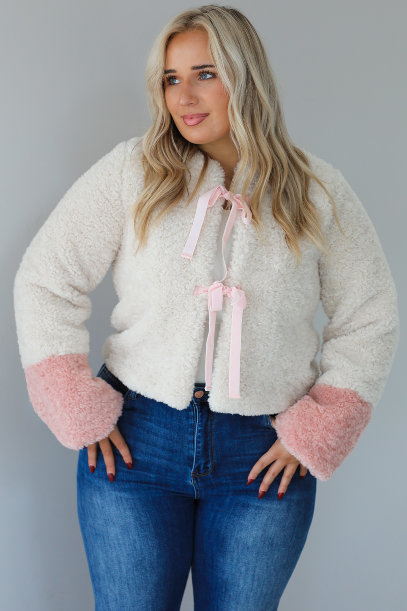 Take Your Time Sherpa Bow Jacket: Sand/Pink