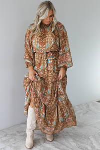 Charming Glance Maxi Dress: Caramel/Multi