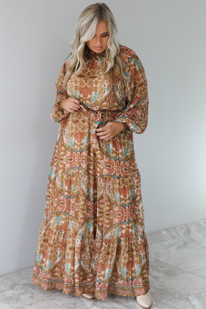 Charming Glance Maxi Dress: Caramel/Multi