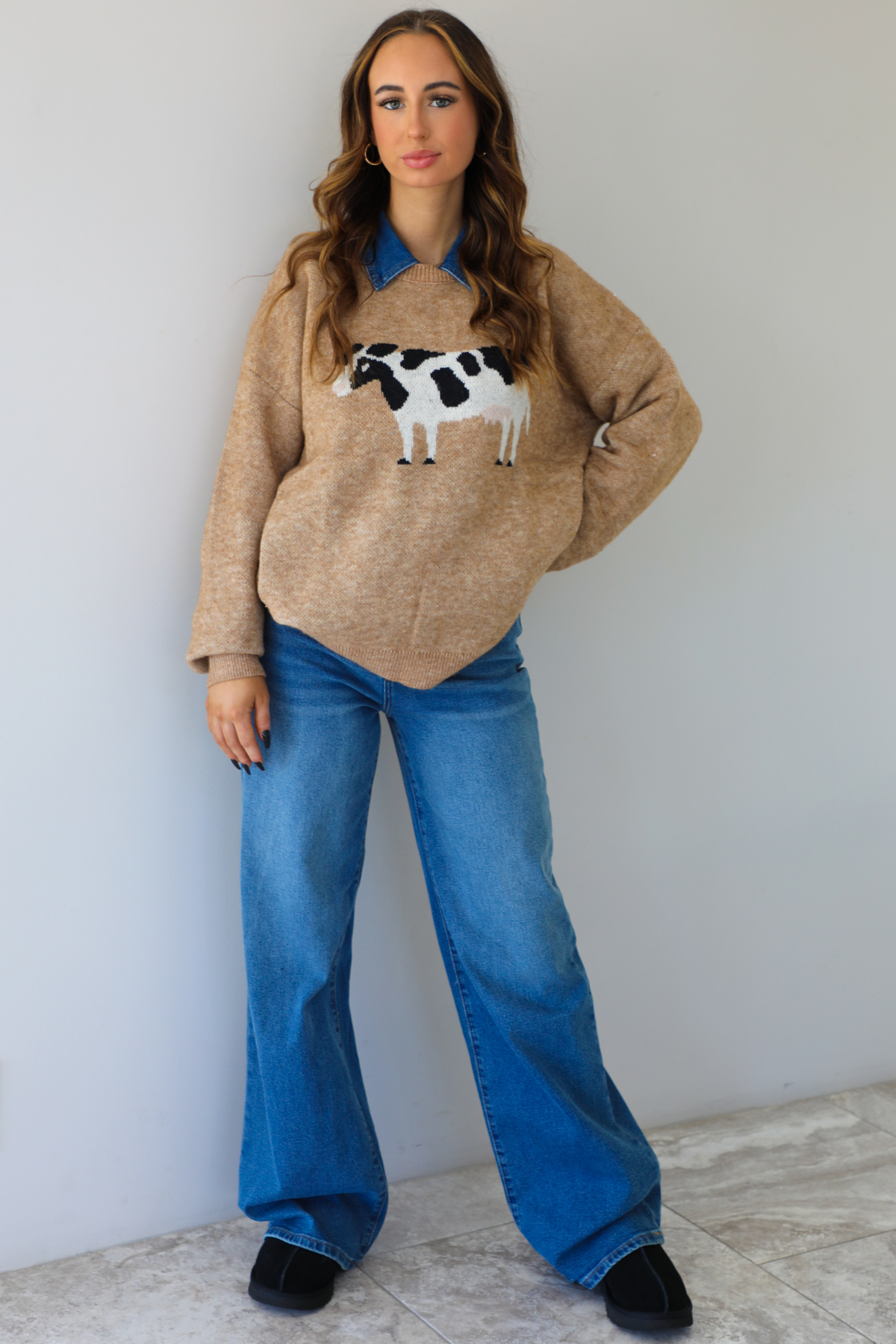 "Look Cows" Sweater: Mocha/Multi