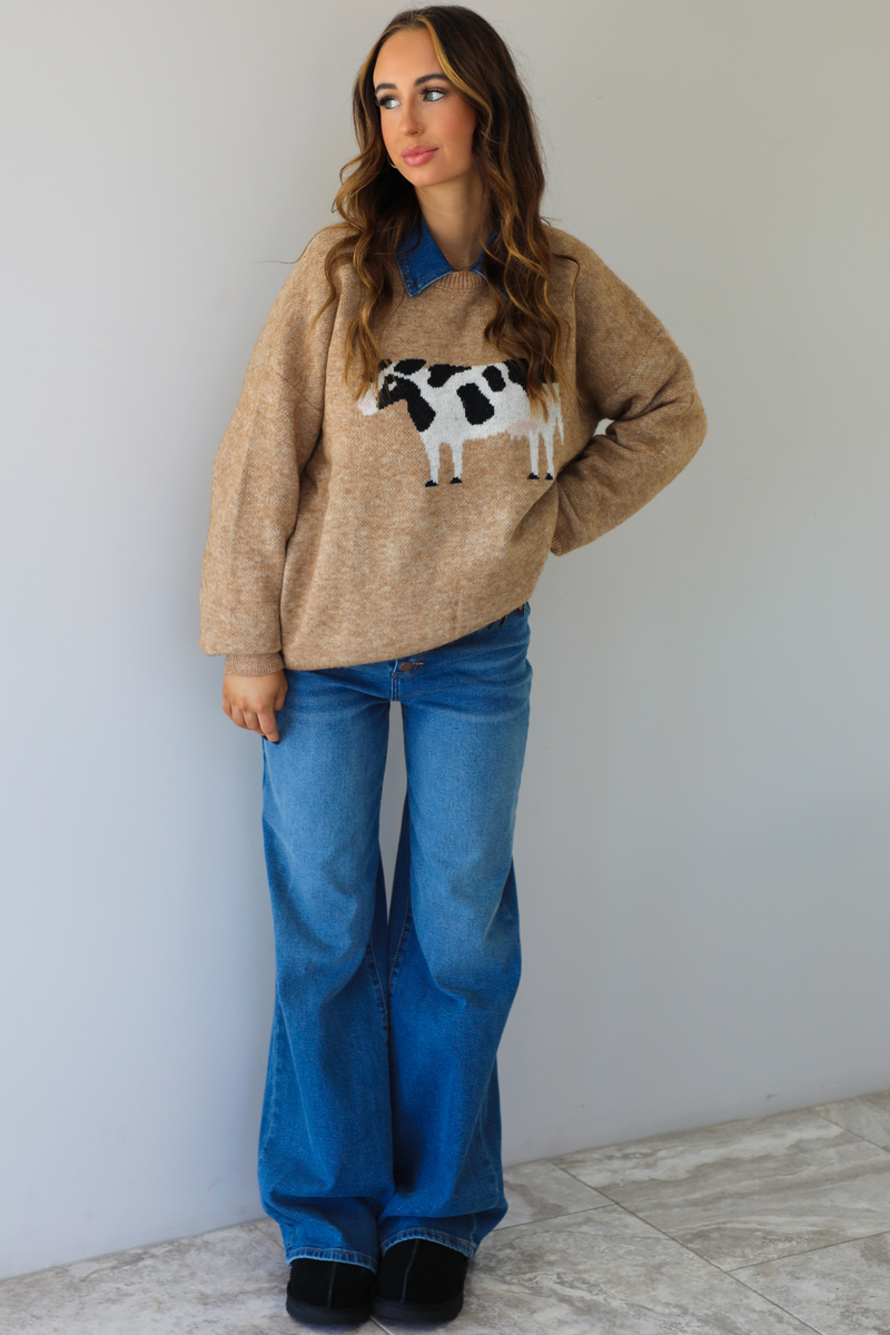 "Look Cows" Sweater: Mocha/Multi