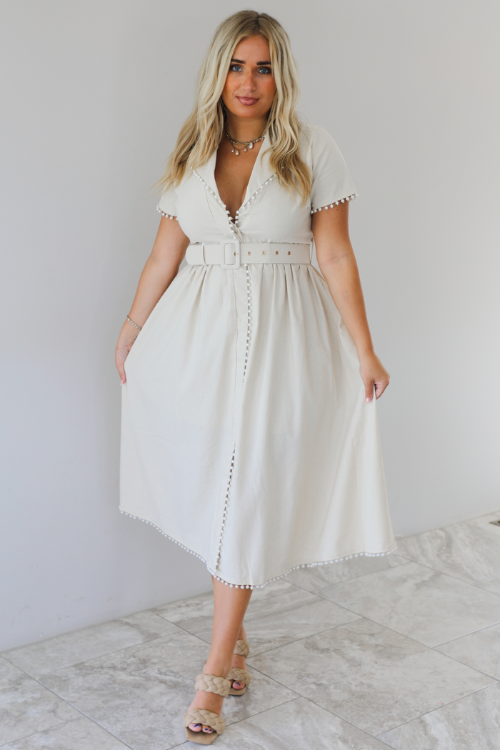 PRE-ORDER: Anything & Everything Midi Dress: Beige/Pearl