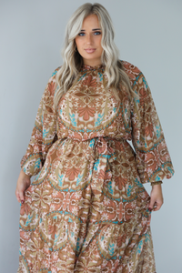 Charming Glance Maxi Dress: Caramel/Multi