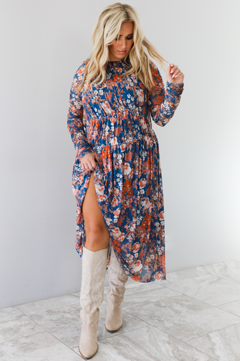 Fall Stroll Midi Dress: Navy/Multi Floral