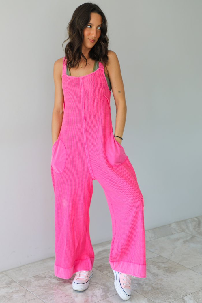 City Stroll Waffle Wide Leg Overalls: Pink