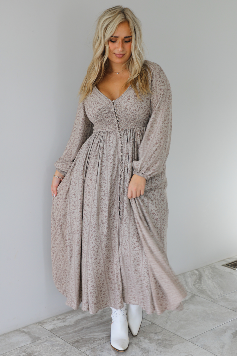 Breaking Free Maxi Dress: Taupe/Multi