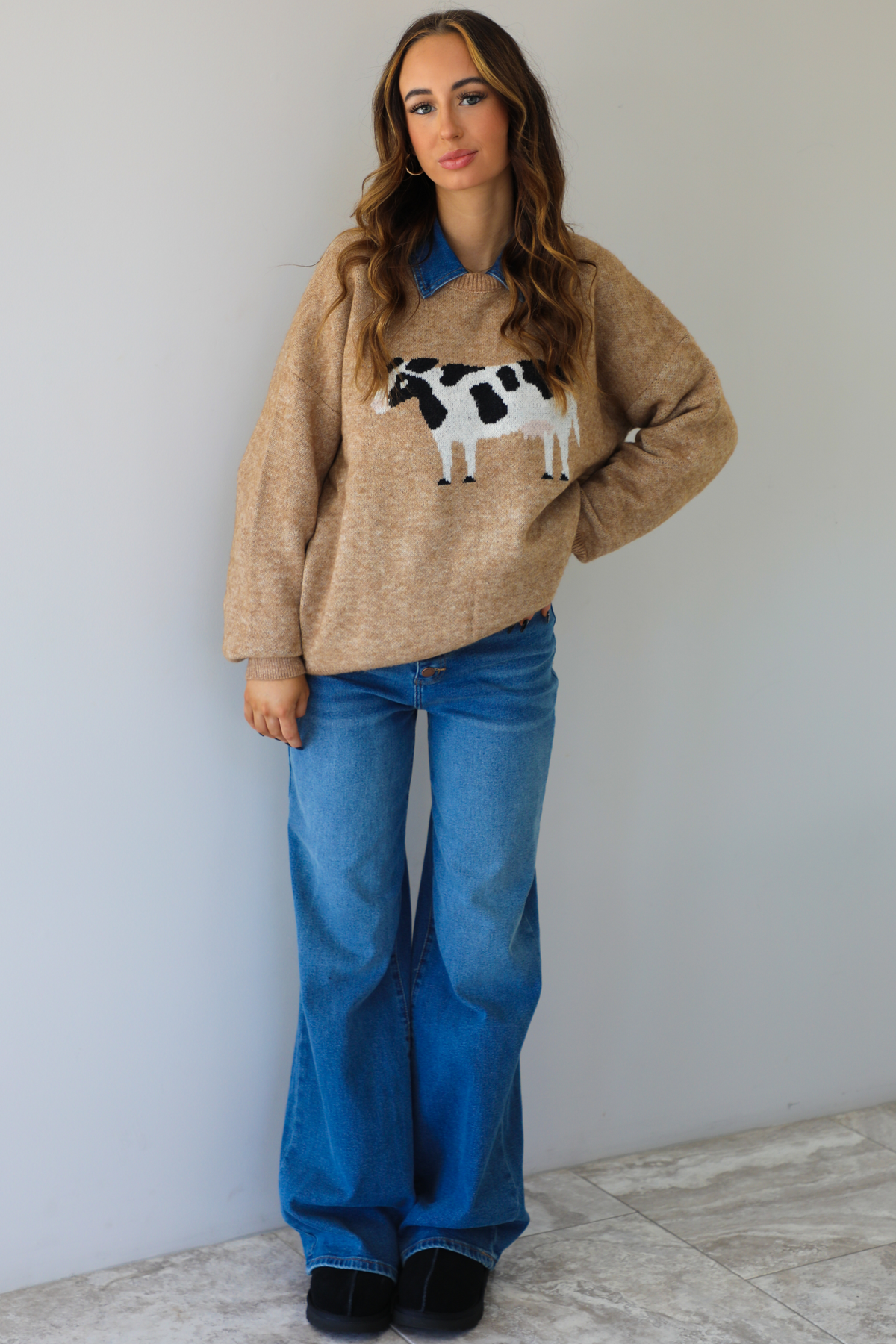 "Look Cows" Sweater: Mocha/Multi