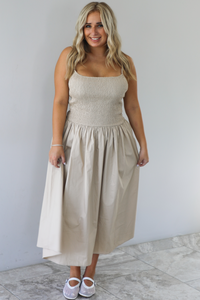 Ocean Mist Smocked Midi Dress: Tan