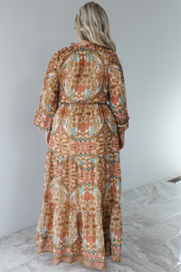 Charming Glance Maxi Dress: Caramel/Multi