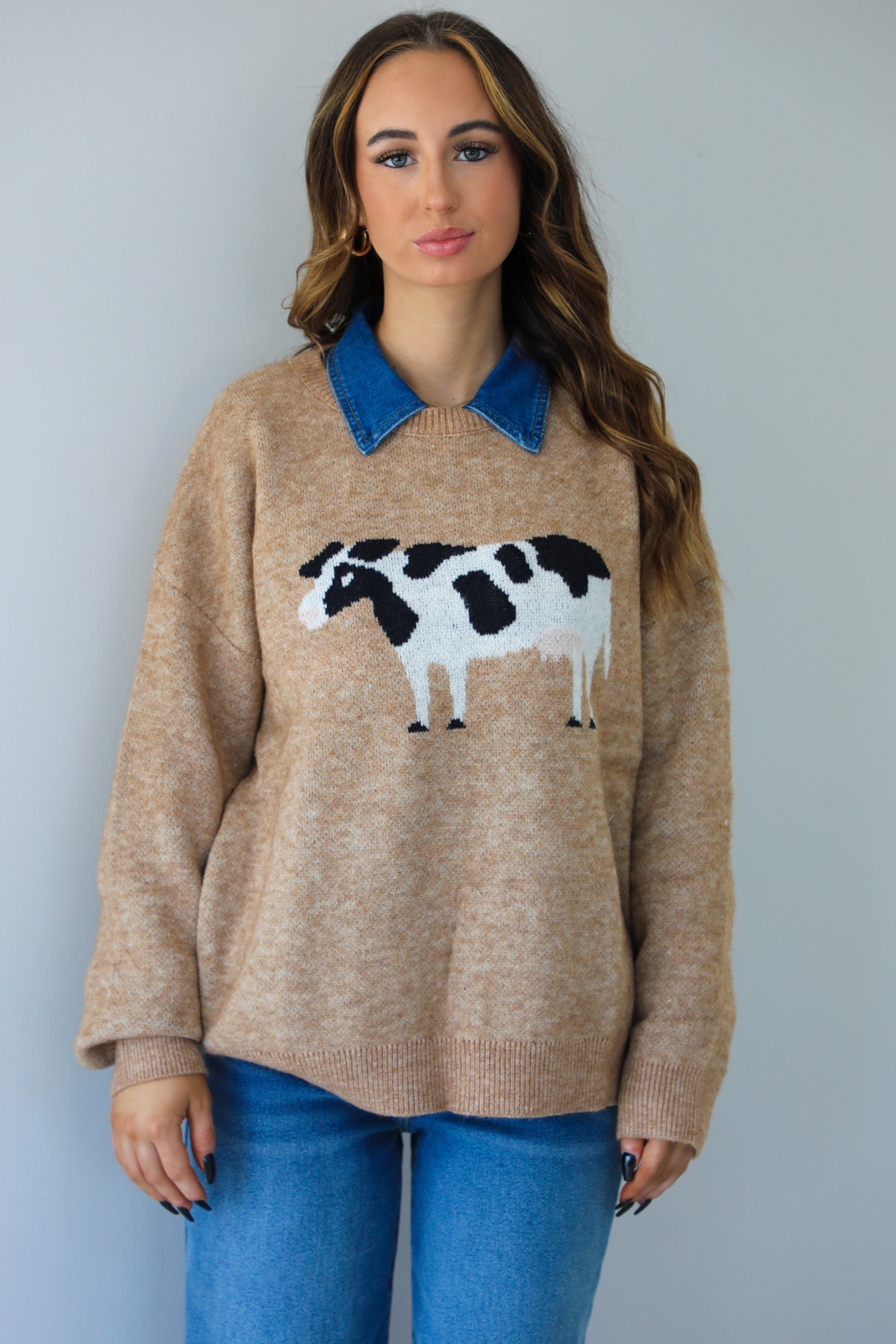 "Look Cows" Sweater: Mocha/Multi