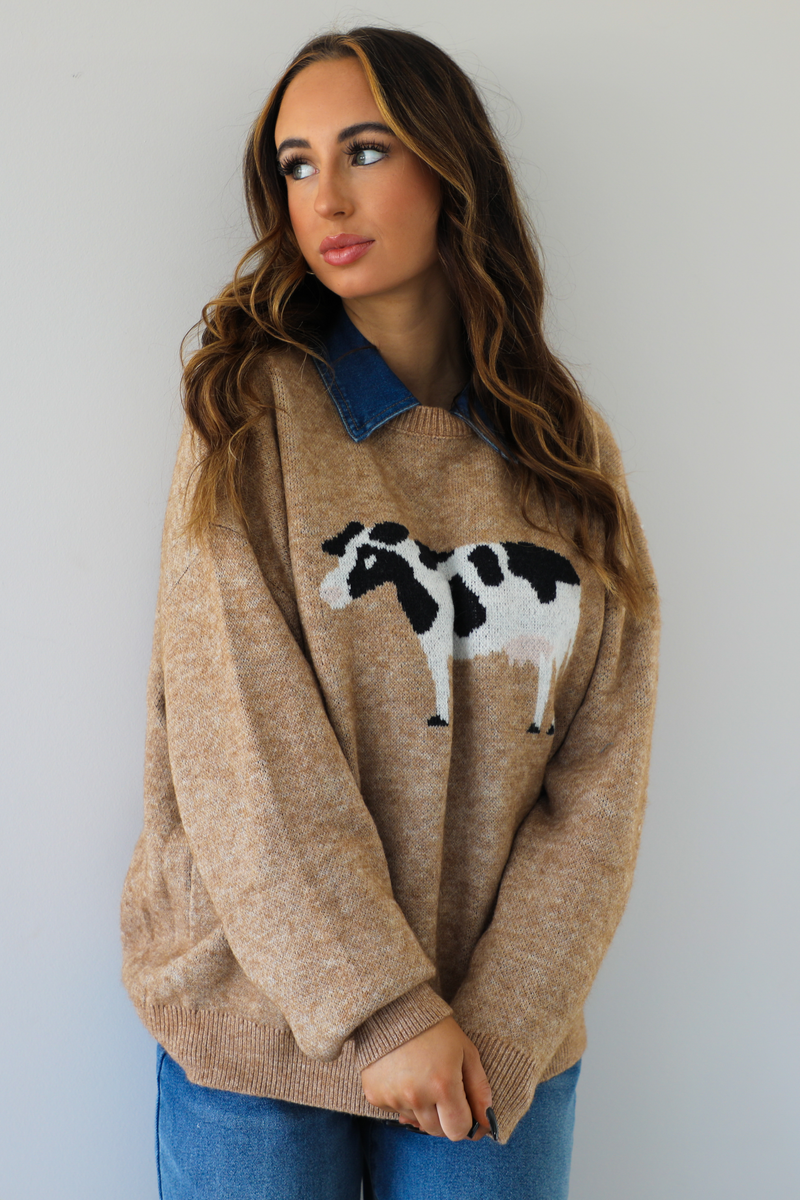 "Look Cows" Sweater: Mocha/Multi