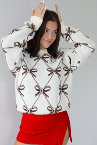 Pair With A Smile Ribbon Sweater: Ivory/Brown