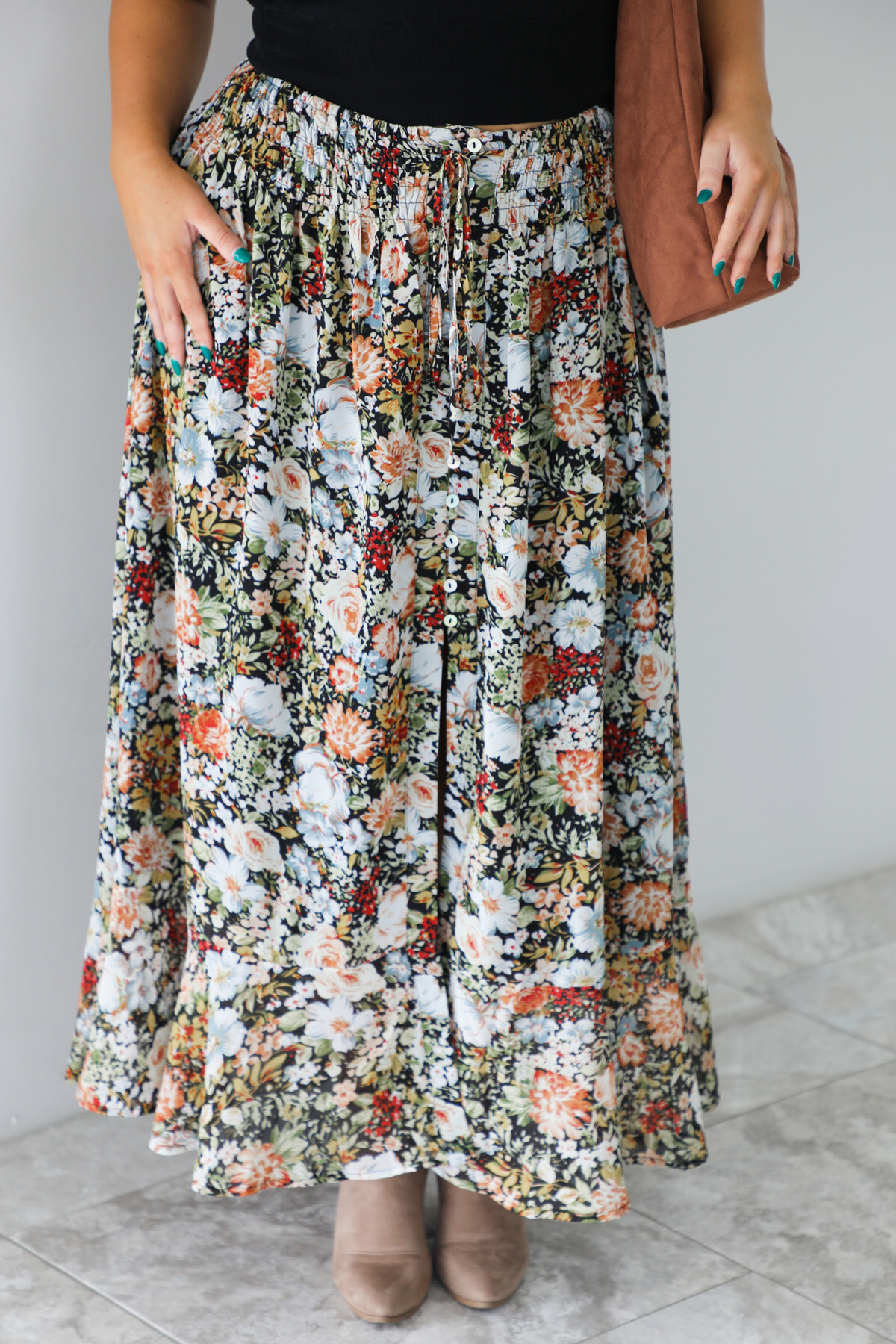 Fall Florals Maxi Skirt: Black/Multi