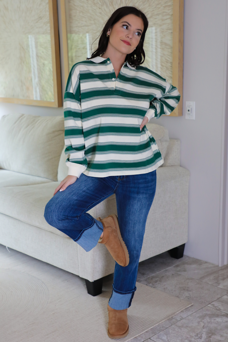 Chill Day Top: Green/Ivory Stripes