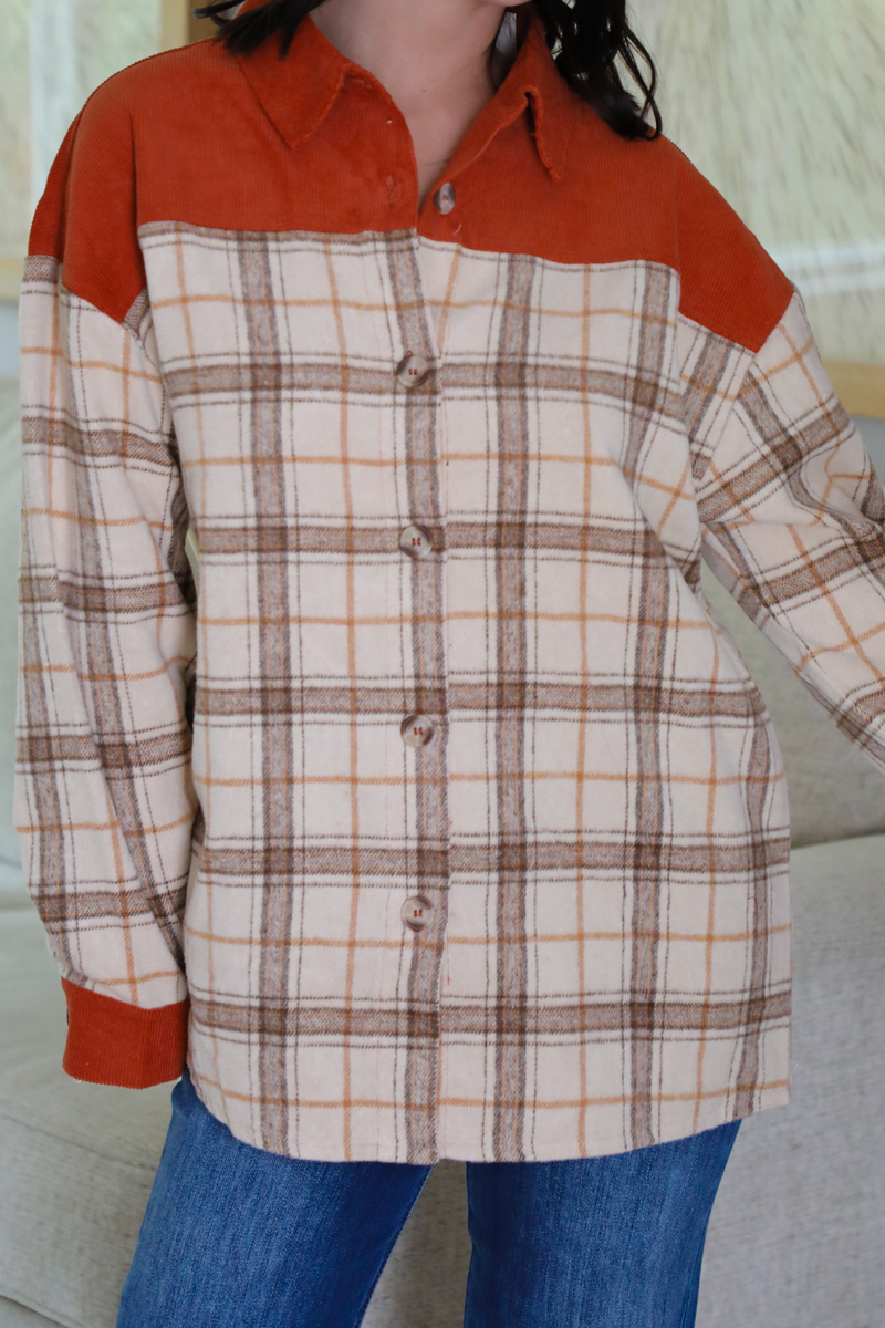 Stay Cozy Shacket: Rust/Multi Plaid