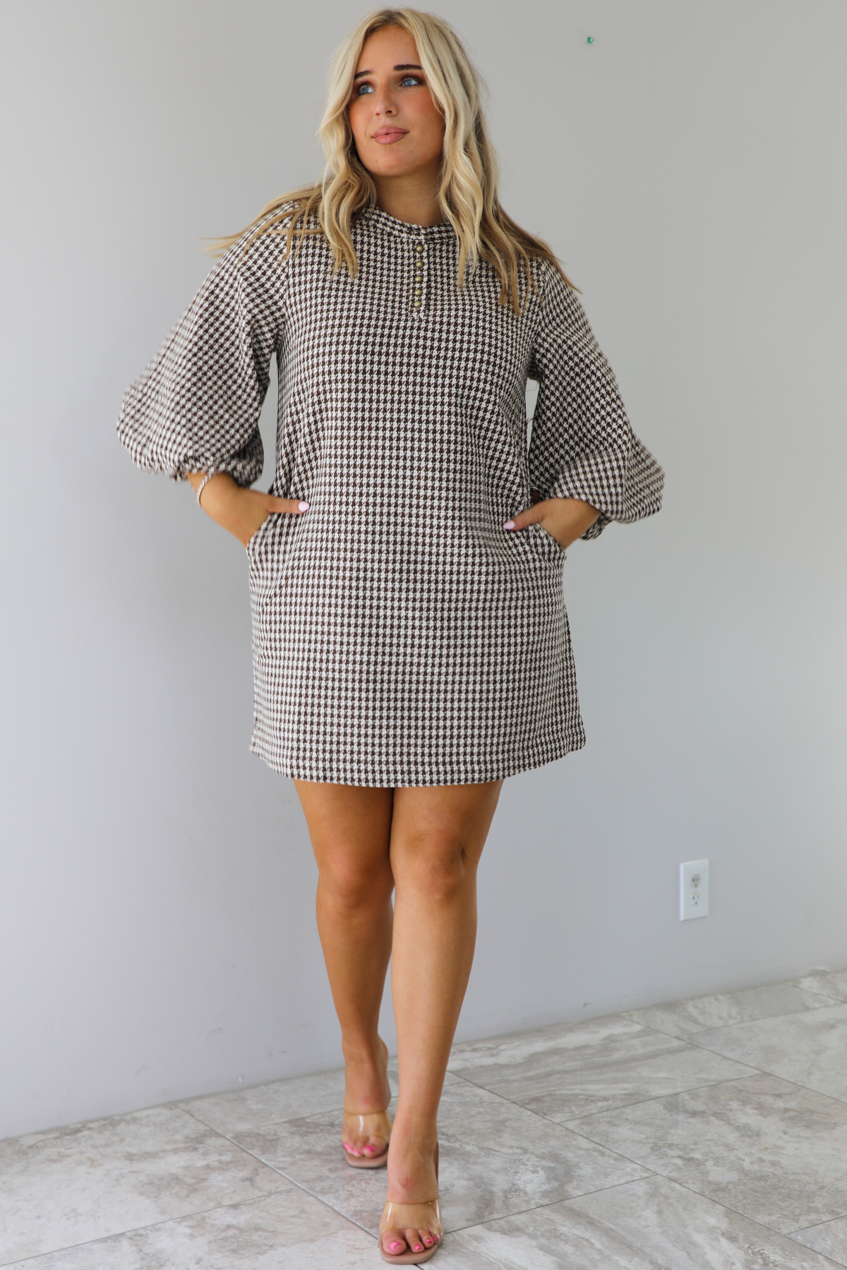 PRE-ORDER: There You Are Tweed Mini Dress: Coffee/Cream