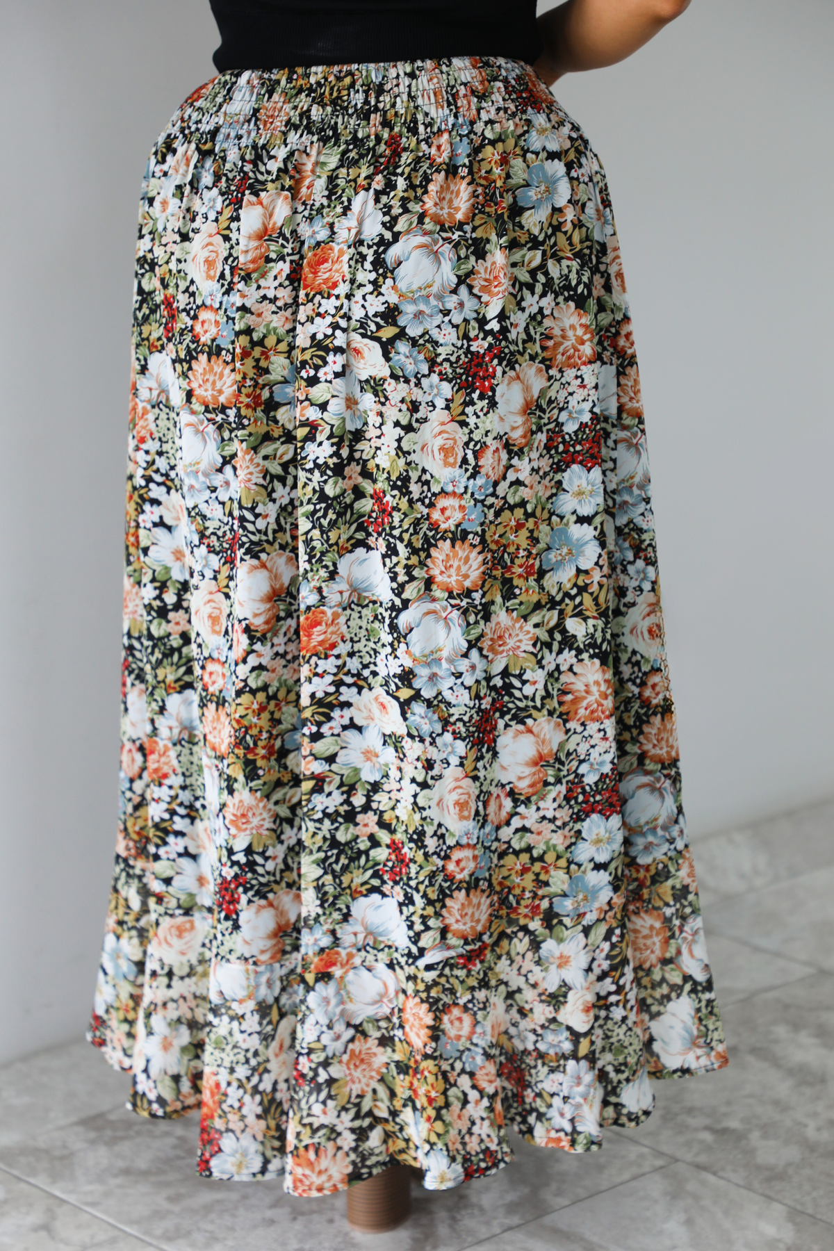 Fall Florals Maxi Skirt: Black/Multi