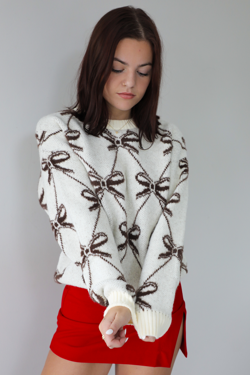 Pair With A Smile Ribbon Sweater: Ivory/Brown