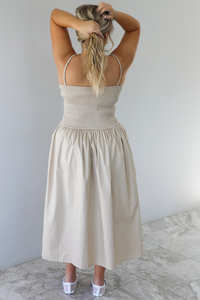 Ocean Mist Smocked Midi Dress: Tan