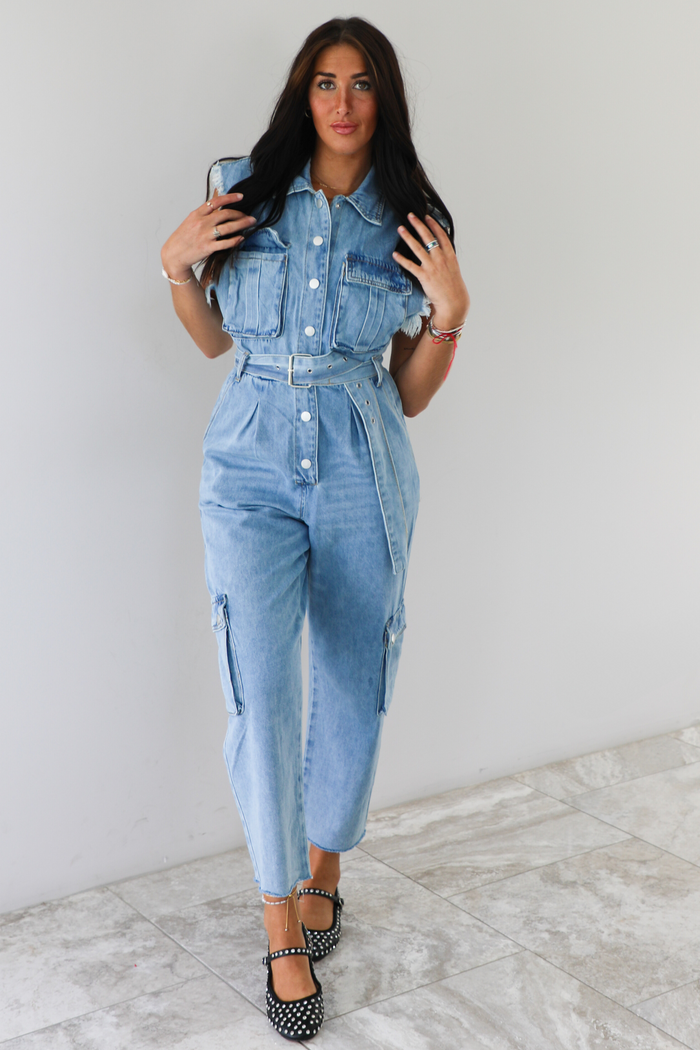 King Street Belted Cargo Overalls: Denim