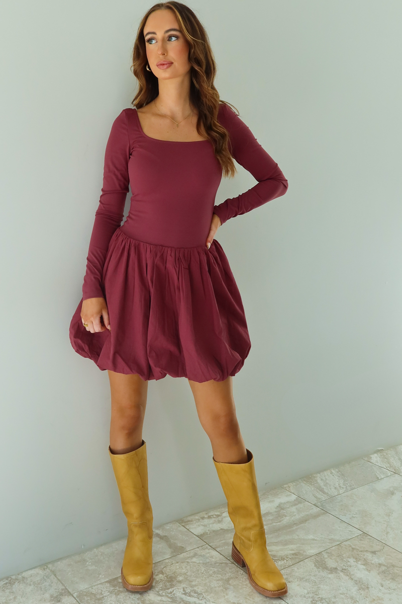 Check Yourself Bubble Dress: Burgundy