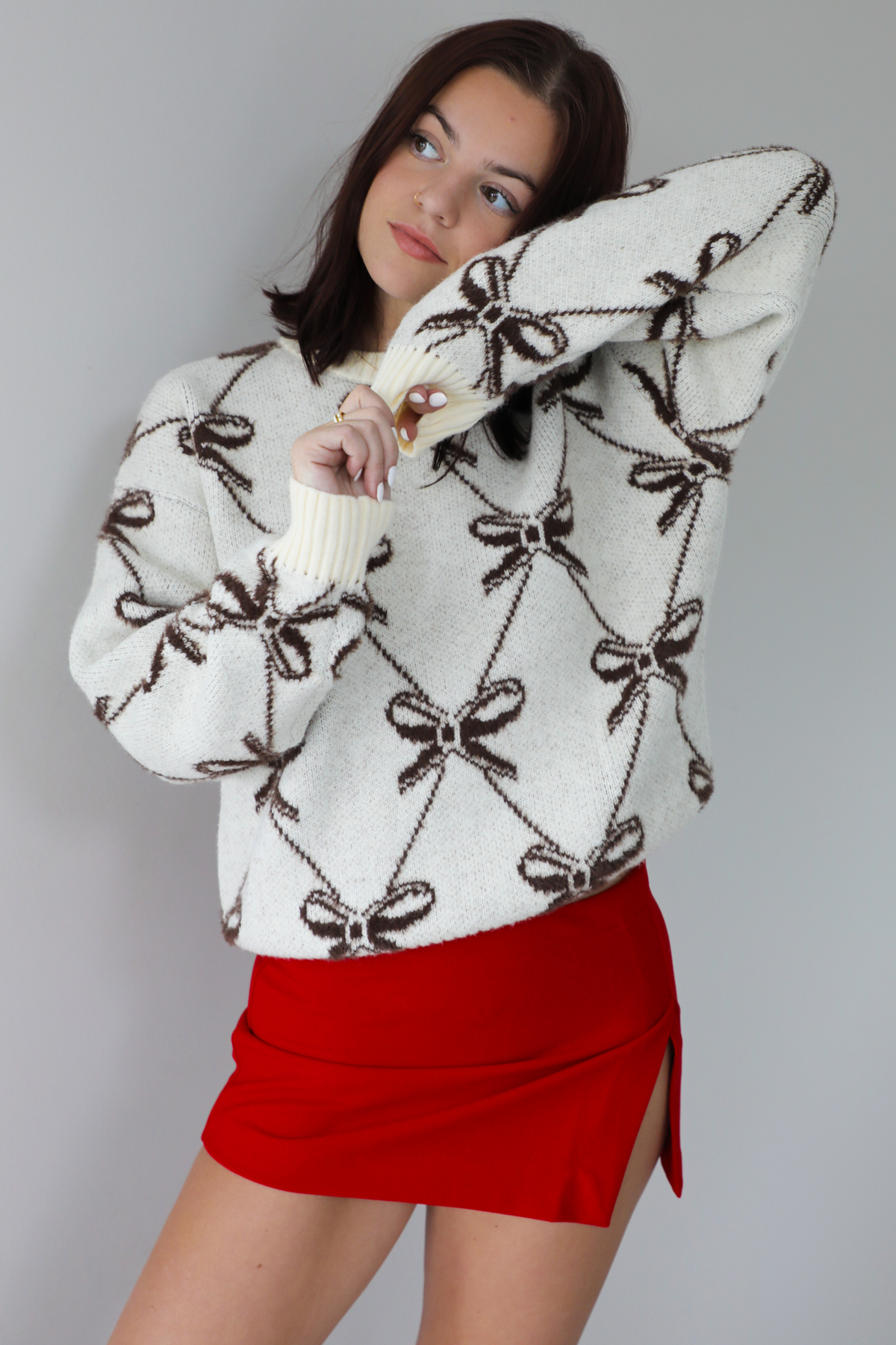 Pair With A Smile Ribbon Sweater: Ivory/Brown