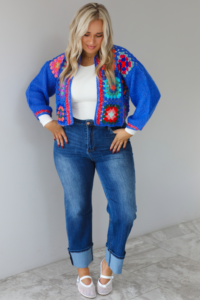 Call Me Crochet Cardigan: Blue/Multi