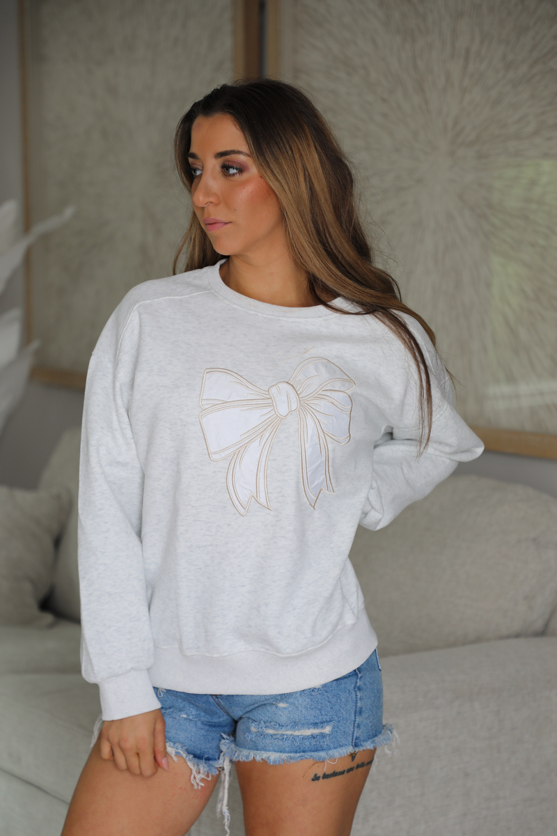 Kind Gesture Bow Sweater: Heather Grey/Cream