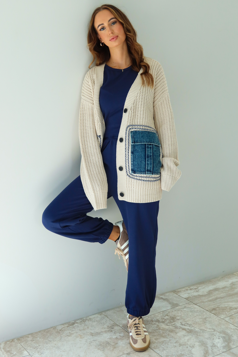 Denim Patch Oversized Cardigan: Ivory/Denim