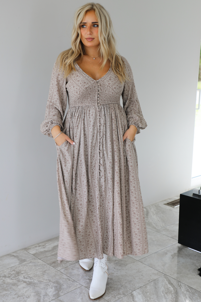 Breaking Free Maxi Dress: Taupe/Multi