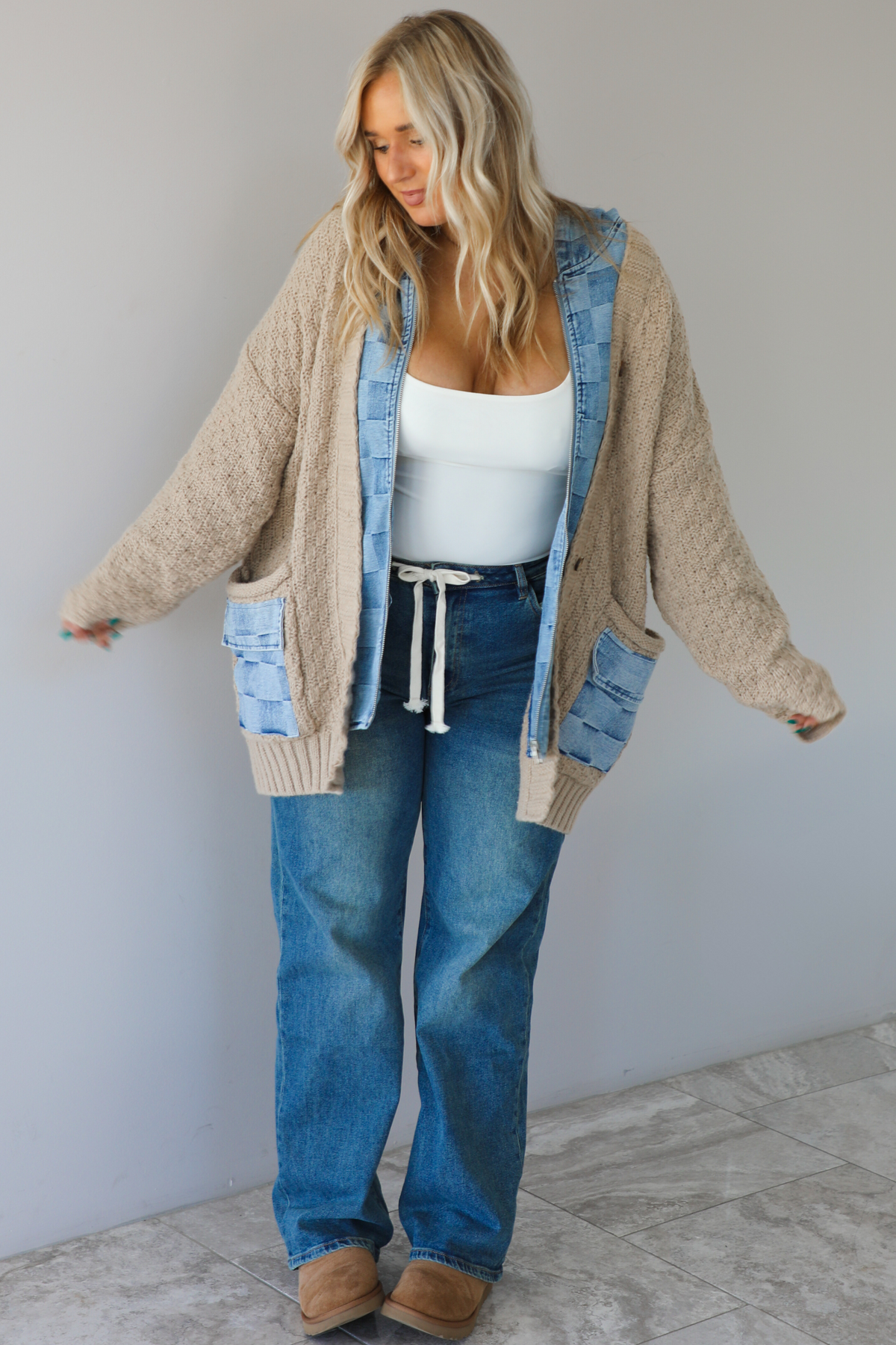 Layered Perfection Jacket: Taupe/Denim