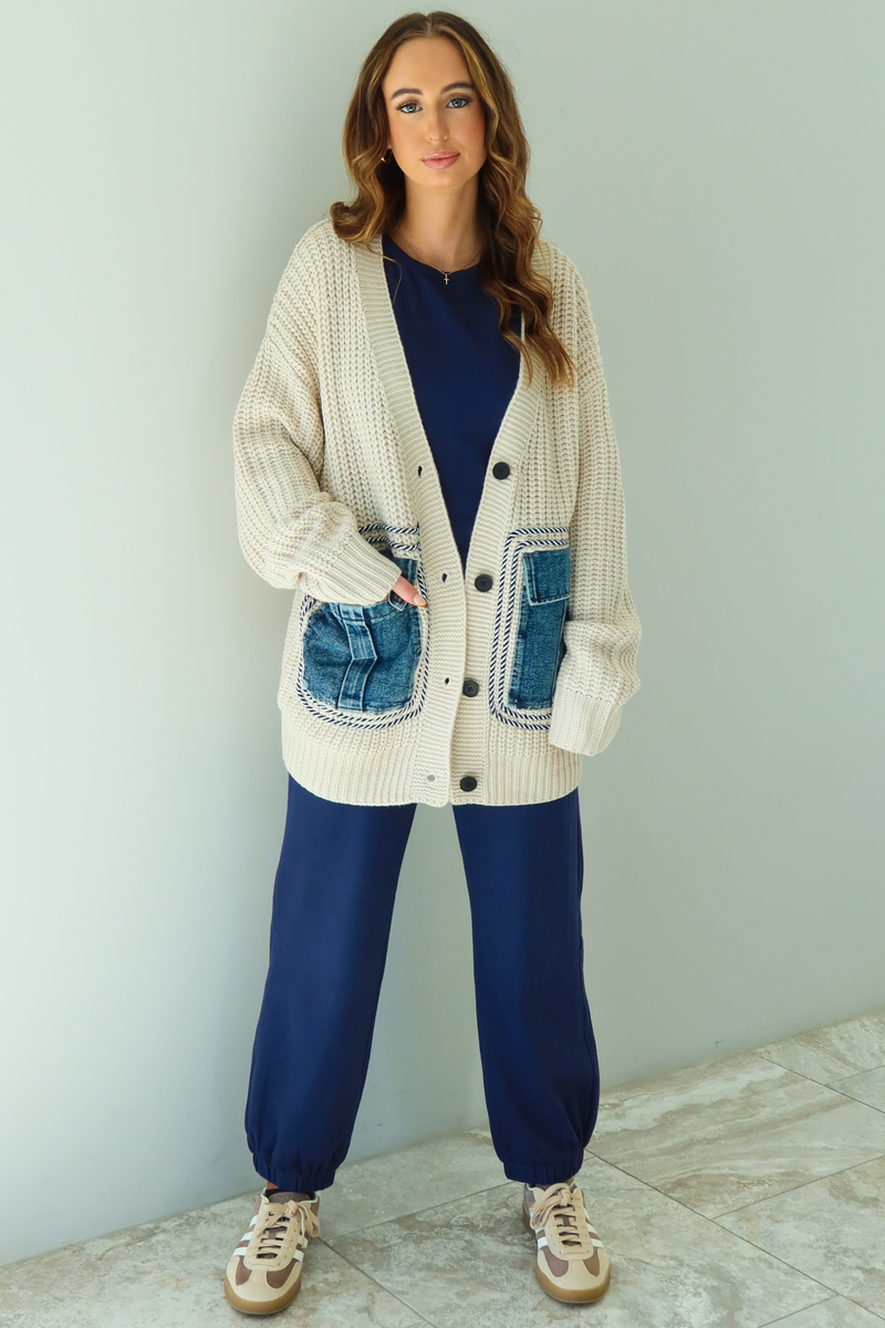 Denim Patch Oversized Cardigan: Ivory/Denim