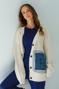 Denim Patch Oversized Cardigan: Ivory/Denim