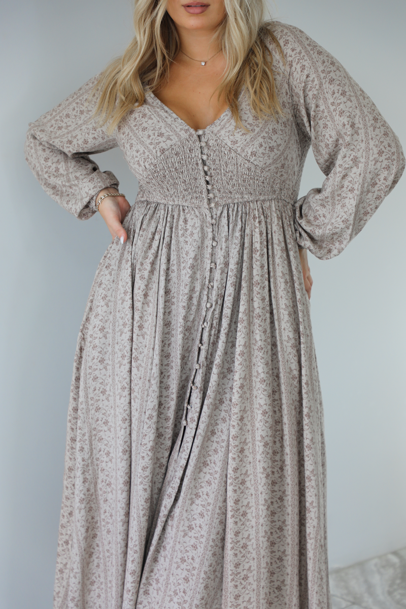 Breaking Free Maxi Dress: Taupe/Multi