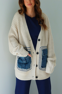 Denim Patch Oversized Cardigan: Ivory/Denim