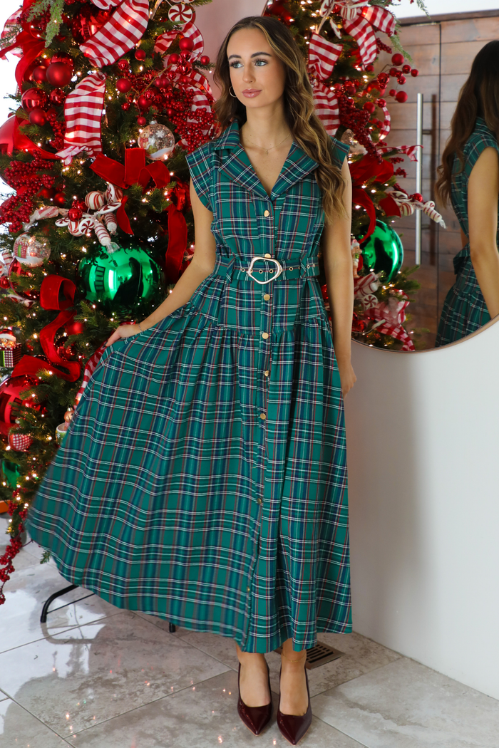 Mrs. Claus Midi Dress: Green/Plaid